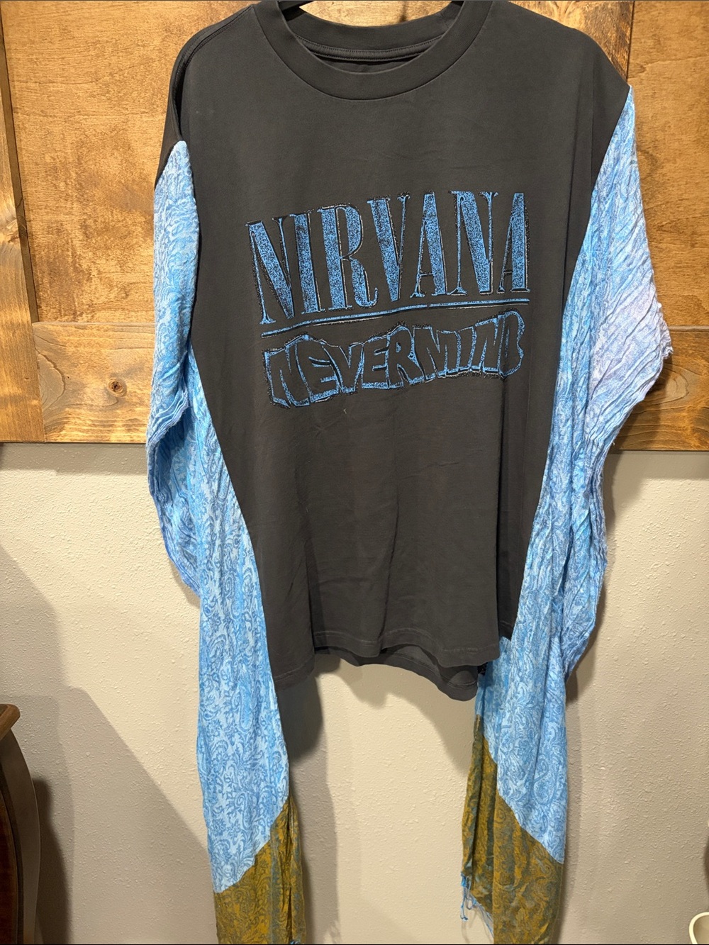 NIRVANA Black Long Sleeve Tee with Light Blue Patterned scarf Sleeves